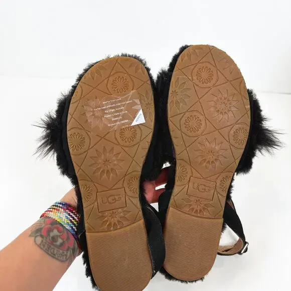 UGG Fluff Fur Black Sandal Women's Size 6 Sheepskin Suede Comfort Unique Cozy - Picture 6 of 7